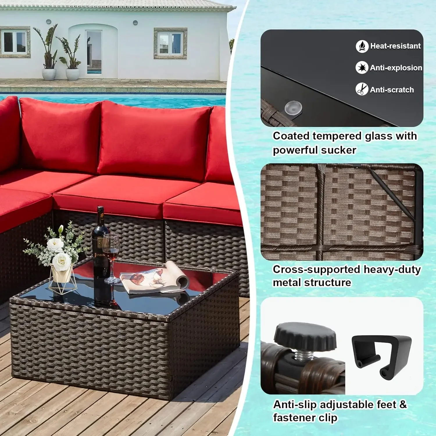 7 Piece Patio Furniture Set, PE Rattan Sectional Sofa, High Back Outdoor Furniture Set, Wicker Patio Conversation Set w/ Cushion