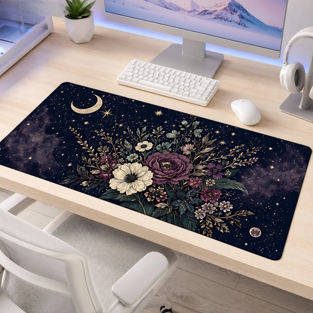 Purple and white moonlight starry night flower mouse pad, anti-slip, suitable for creative workspaces, desk decoration accessory