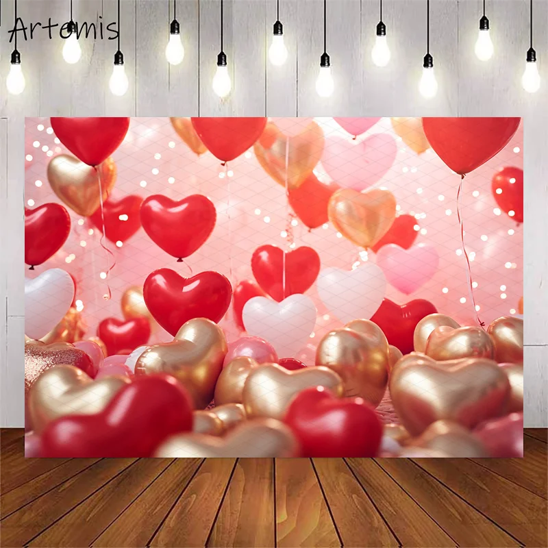 Valentine's Day Backdrop Romantic Pink Red Heart Balloons Couples Wedding Children's Birthday Portrait Background Photo Studio