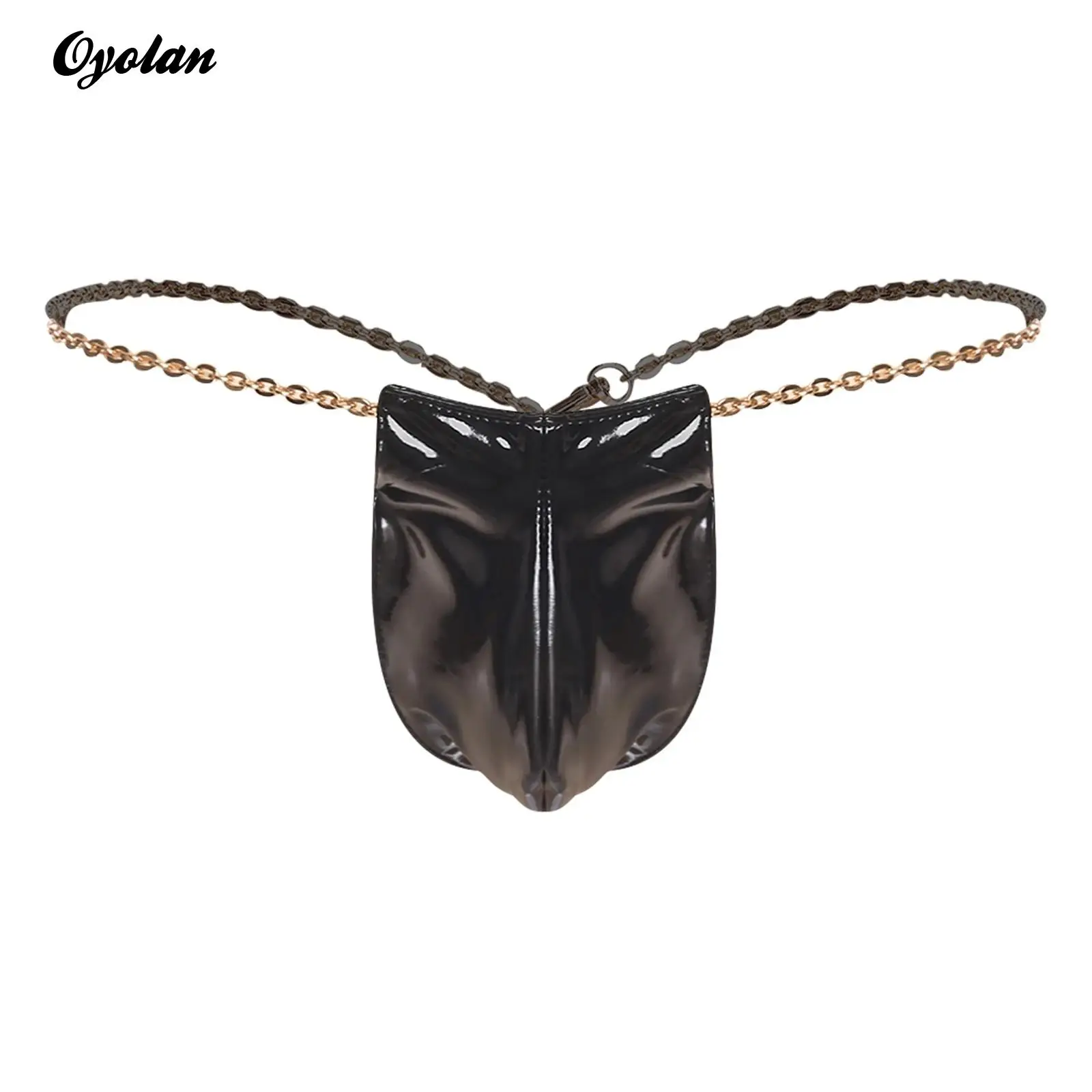 Lencería para hombre, bragas de fiesta para discoteca, Raves, tiro bajo, Tanga Sexy, ropa interior, cadena de Metal, cintura brillante, PU, bolsa para bulto, Micro calzoncillos