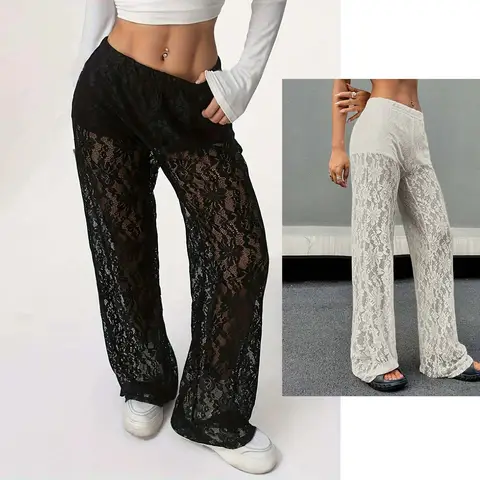 봄과 가을을 위한 긴 바지, 패셔너블하고 개성 있는 블랙 레이스 마이크로 투명 스트레이트 레그 팬츠
