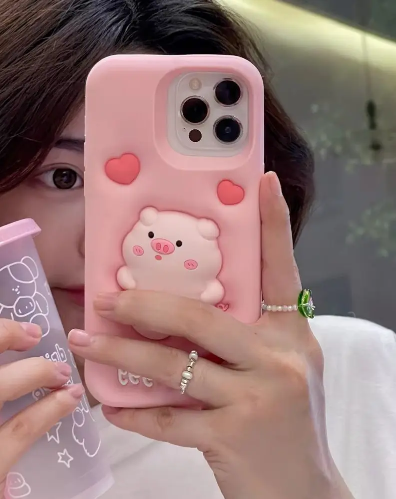 

Cartoon Piggy Soft Silicone Case, Cell Phone Back Cover, Skin Shell For iPhone 11 12 13 14 15 16 Pro Max, 3D, Cute Shockproof