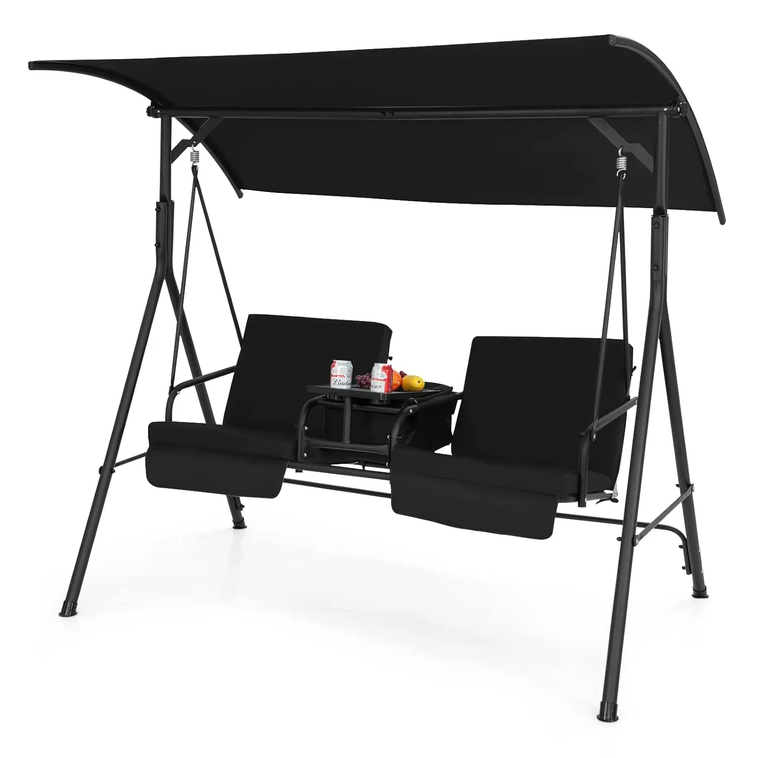 o*-2 Person Porch Swing, Outdoor Swing with Pivot Storage Table, Cooler Bag, 2 Cup Holders, Removable Cushions, Patio,