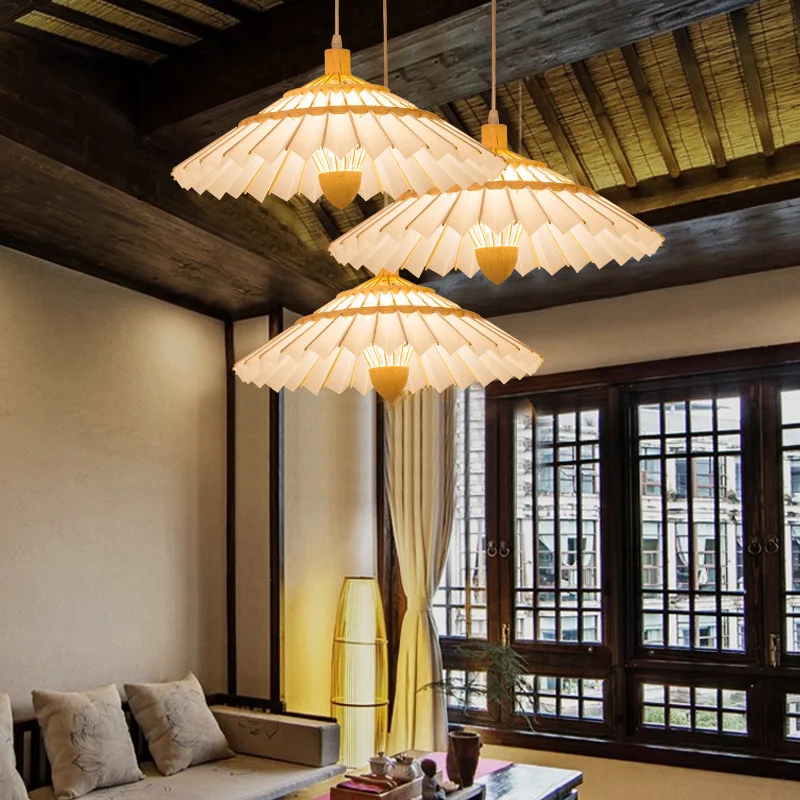 Bamboo umbrella chandelier teahouse club tatami creative restaurant wedding decor lamp blue and white porcelain pendant lamp