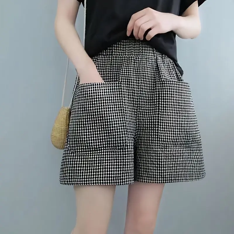 Women's Clothing Loose 2024 Casual Plaid Shorts Ladies Printing Elastic Waist Straight Office Lady Black Pocket Wide Leg Pants