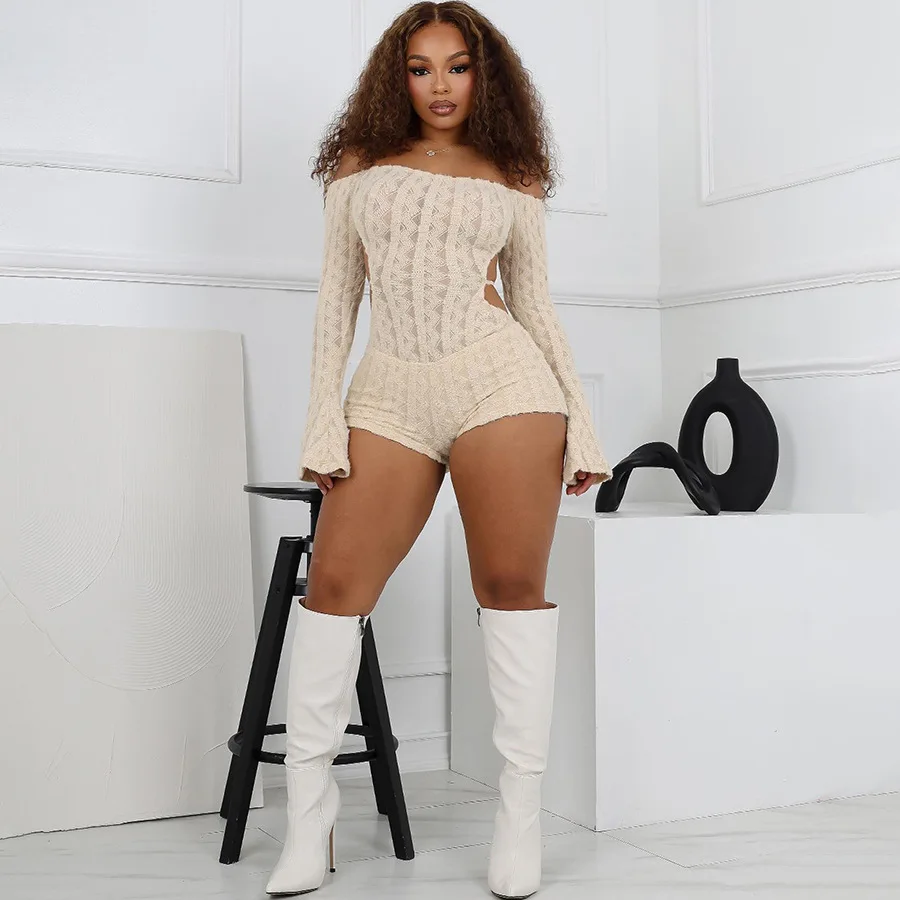 Women Sexy Backless Knit Romper Slash Neck Off Shoulder Flare Long Sleeve Hipster Playsuits Casual Streetwear Shorts Jumpsuits