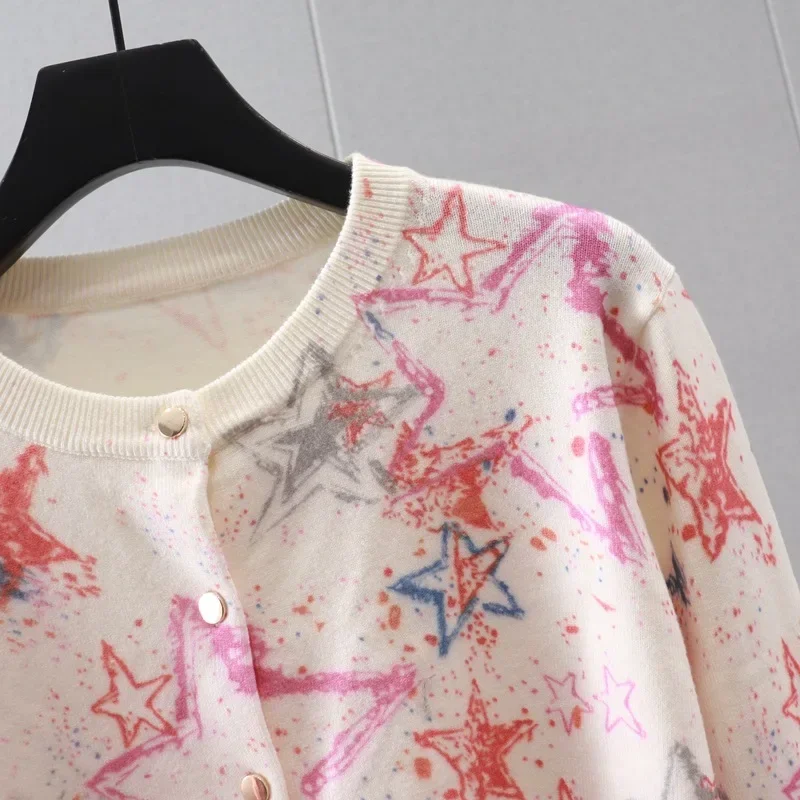 Stars Print Women\'s Sweater Cardigans Korea Style Knit Tops Wool Outerwear Y2k Jersey Blouse Harajuku Kawaii Girl Lady Clothes