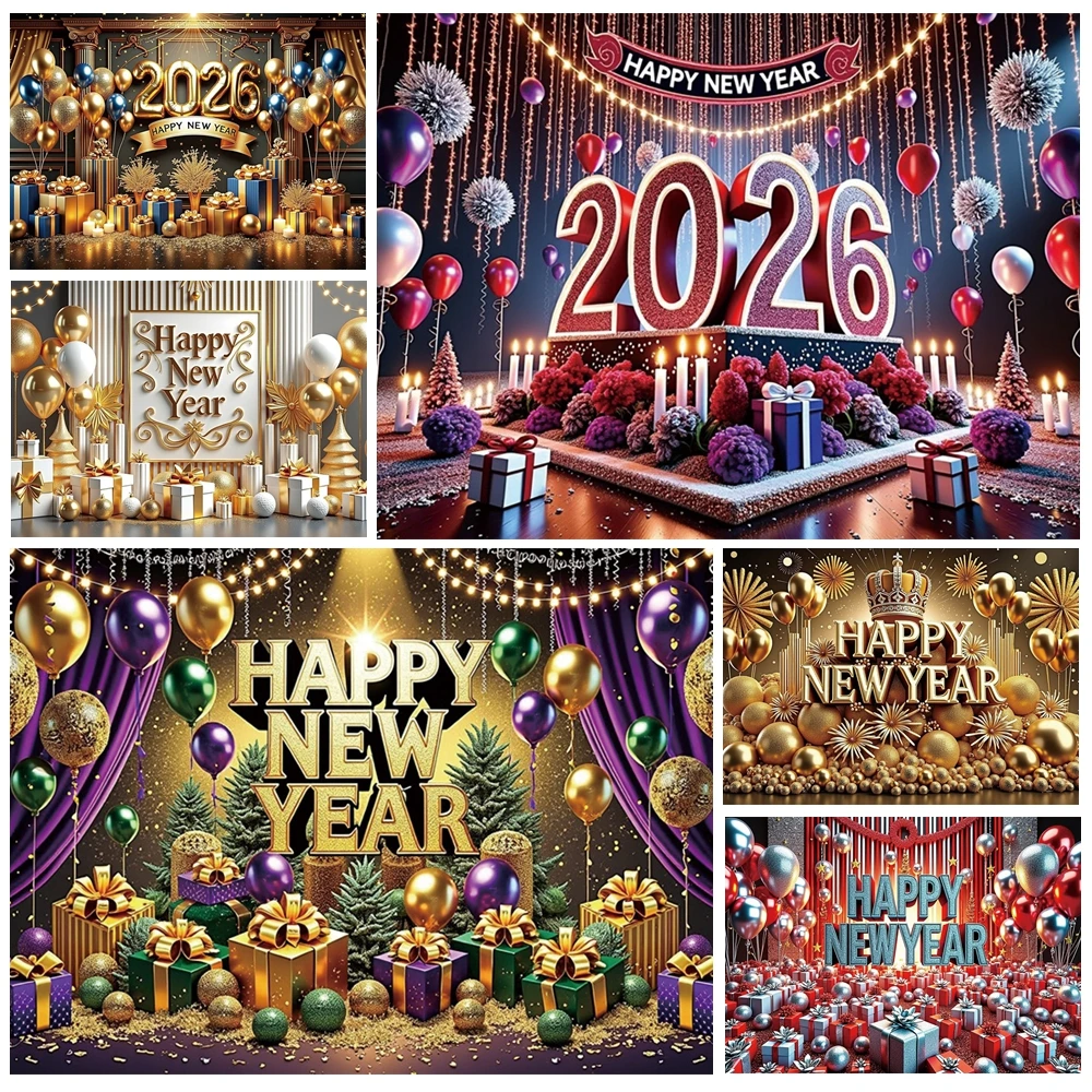 

MOON.QG 2026 Happy New Year Candles Balloon Gifts Background Backdrop Children Studio Photography Props Party Decoration Poster