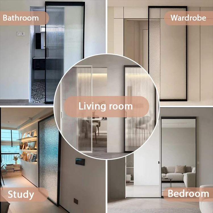 Modern glass sliding ghost door with hidden track and soft-closing aluminum frame, minimalist design for interior use
