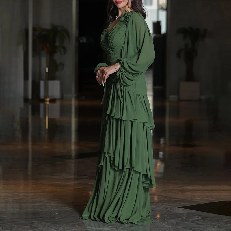 Customized Elegant Blackish Green V-Neck Formal Evening Dresses Dubai A-line Ruffle Tiered Long Sleeve Prom Dresses 2025