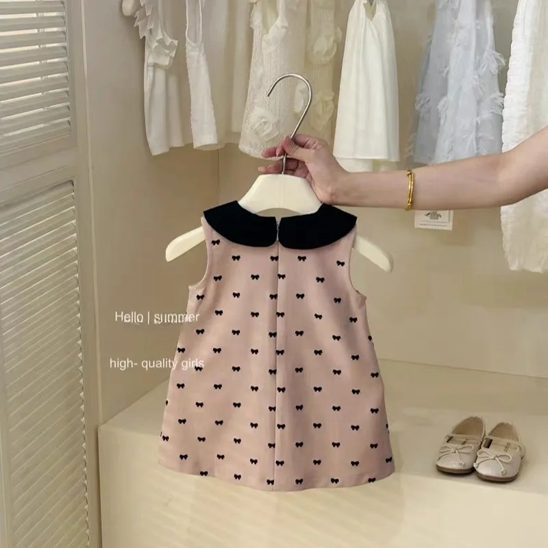 Childrens Clothing 2025 Girls Summer Pink Vest Dress Babys Fashionable and Cute Bow Tie Dress Trendy
