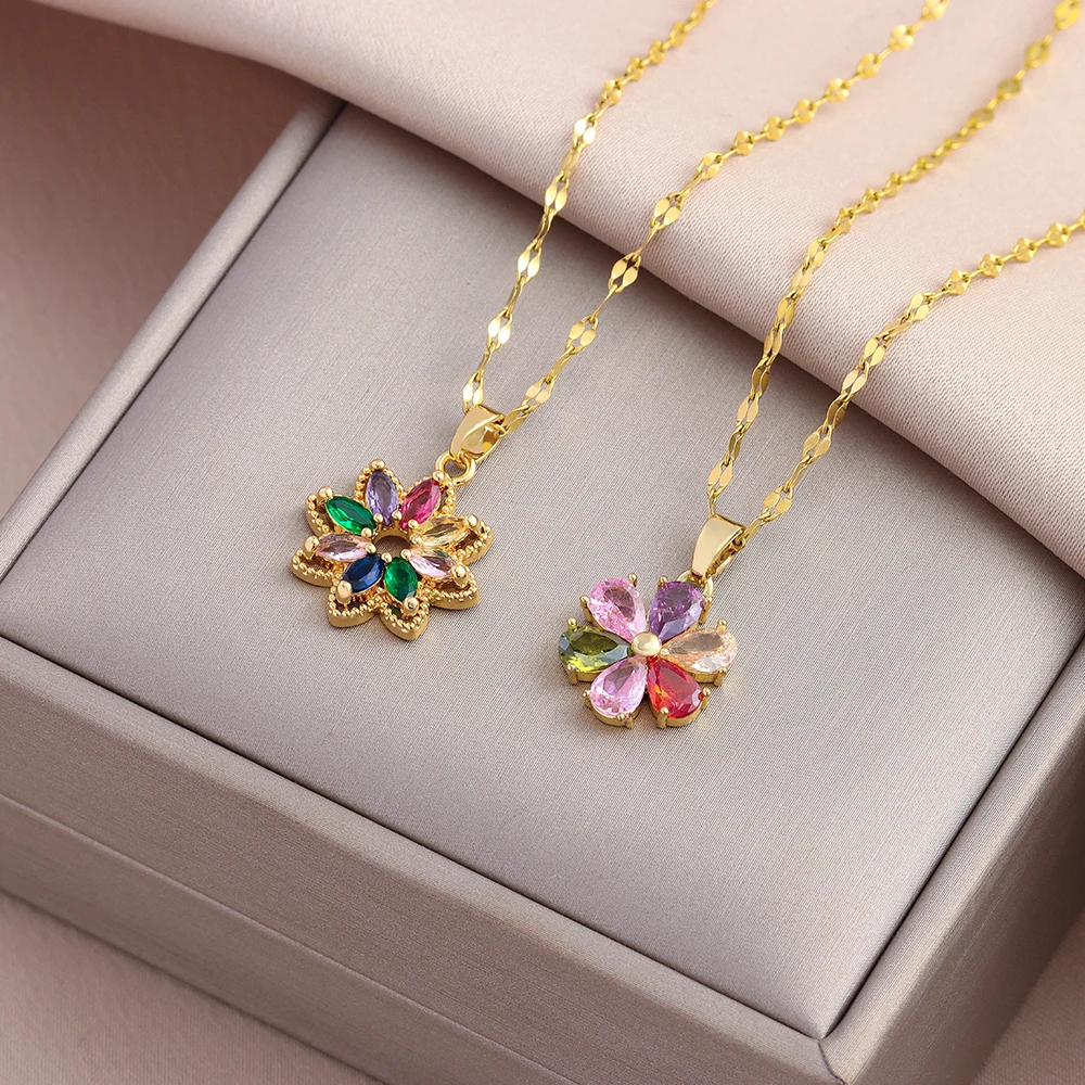 New Vintage Style Colorful Zircon Crystal Flower Pendant Women Necklaces Female Stainless Steel Clavicle Chain Jewelry Wholesale