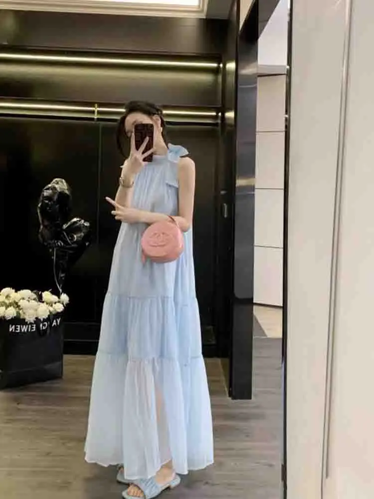 Summer Blue Bow Dress Hanging Neck Strap Summer Long Skirt Beach Vacation Skirt Leisure Commuting Beautiful Skirt