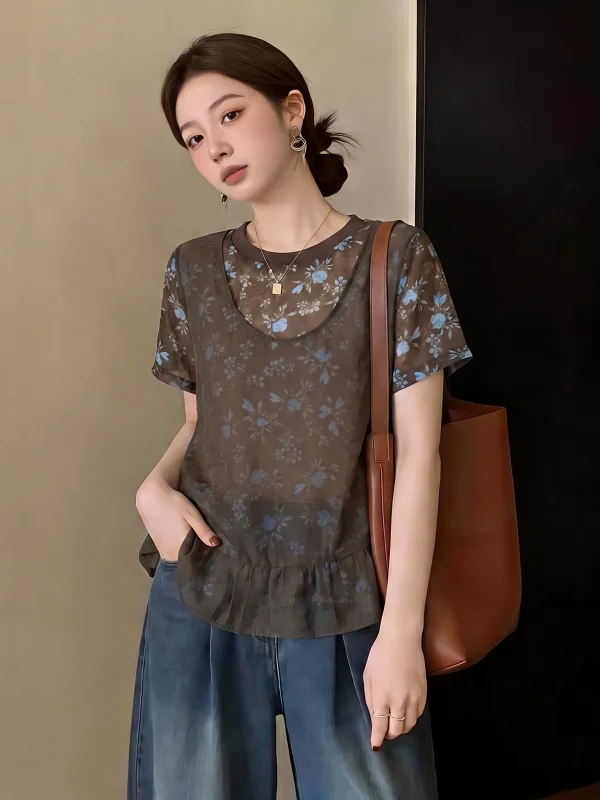 

Floral Print Chiffon Short Sleeve T-Shirt Women's plus Size Summer New Style Korean Style Loose Fit round Neck Top