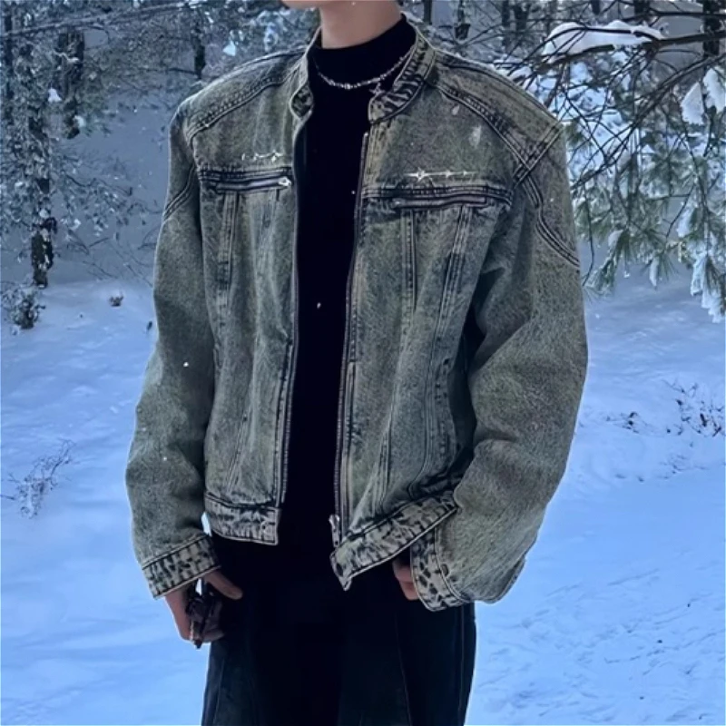 

Джинсовая куртка женская 2026 с молнией, длинными рукавами, винтажная, с воротником-стойкой, с карманами, повседневная, осенняя, в стиле High Street