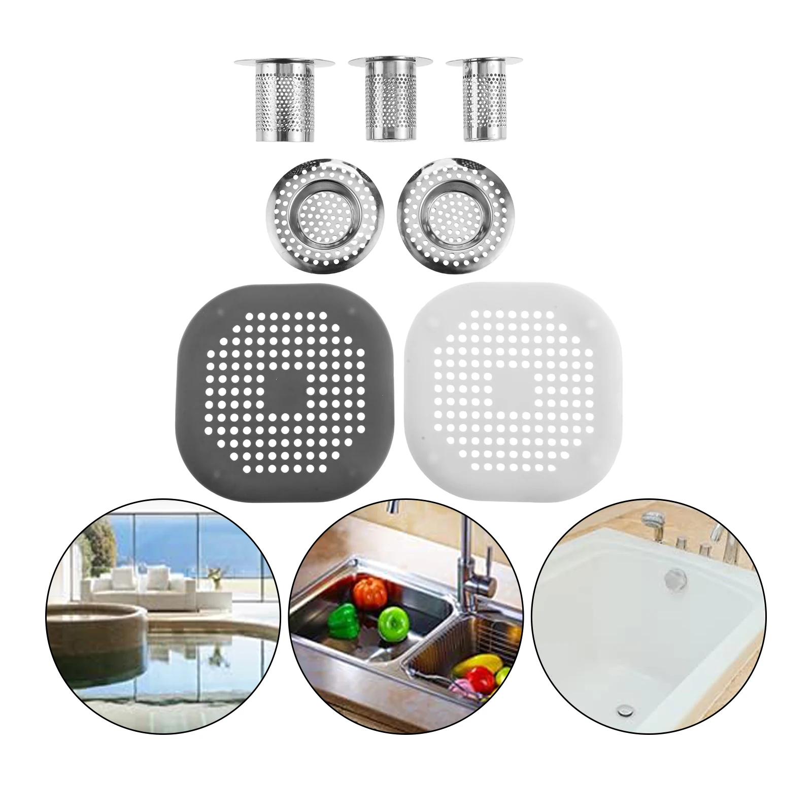 7pcs/kit Bathroom Shower Sink Strainer Filter Stainless Steel Hair Catcher Silicone Suction Cup Drain Mat Strainer Plug Filters