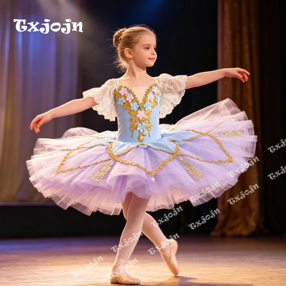 Puffy Tulle Tutu Skirt Ballet Dress 3-16Y Girls Dance Costume Princess Style Ballerina Leotard Layered Mesh Gold Embroidery
