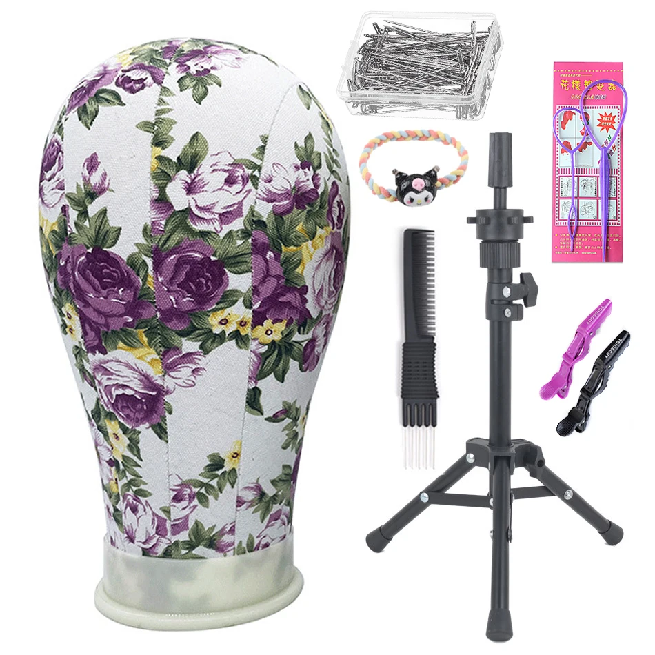 Print Flower Canvas Head With Adjustable Wig Tripod Stand Holder for Mannequin Wig Stand Head Used For Wig Making and Display