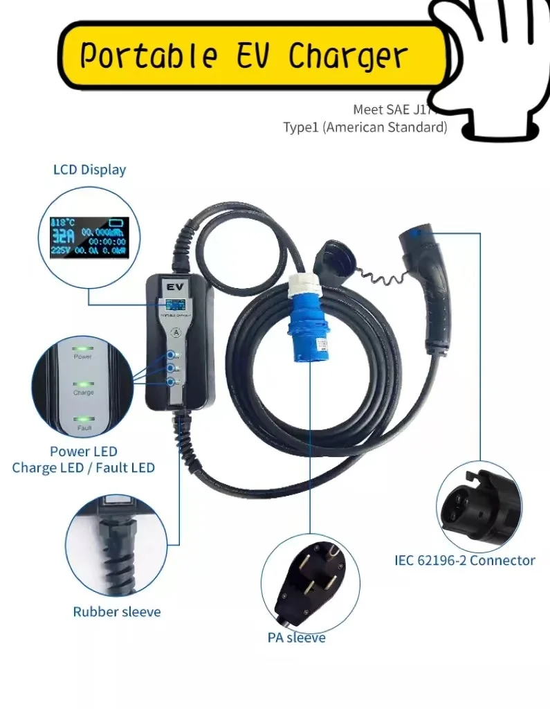 Home Installation CE Certified IP66 RFID Card 32A 1 Phase 7KW Type2 EV Portable Charger For Home Use