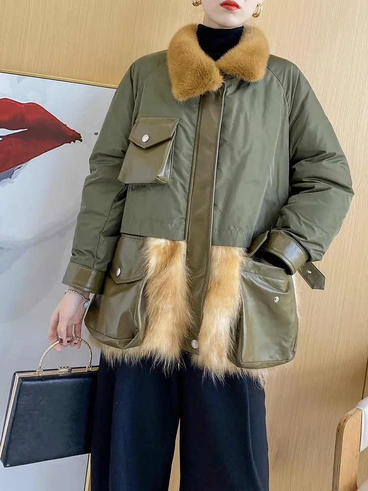 Winter New Fashion Women Down Coat Mink Hair Collar Fashion Spliced Sheepskin Fox Fur Casual Outerwear Zipper Warm Cargo Jacket