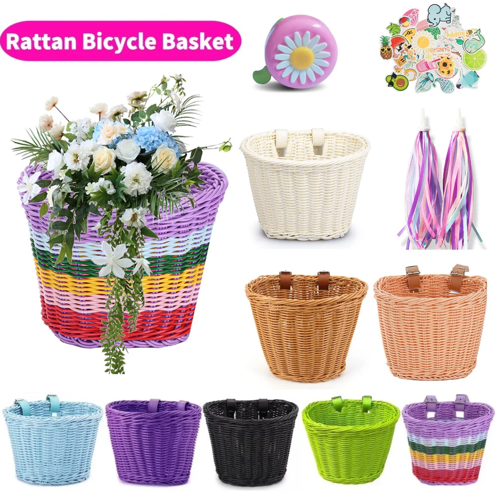 

Bike Front Basket with Bell Tassel Stickers Bike Handlebar Basket Adjustable Bike Handlebar Carrier Basket Cycling Accessories