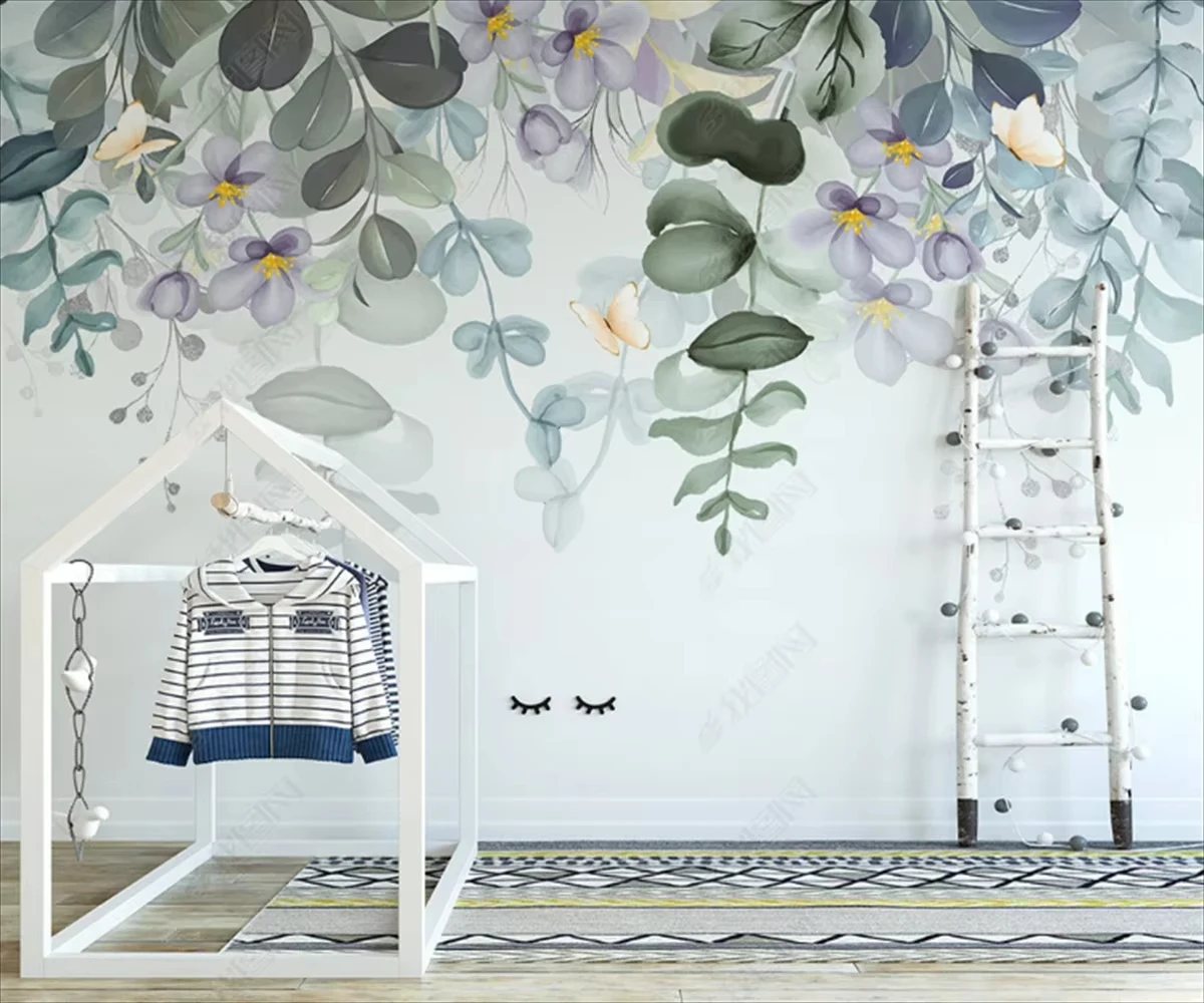 Customized Nordic wall paper Small fresh green watercolor leaves Hand painted HD background Decoration papel de parede wallpaper