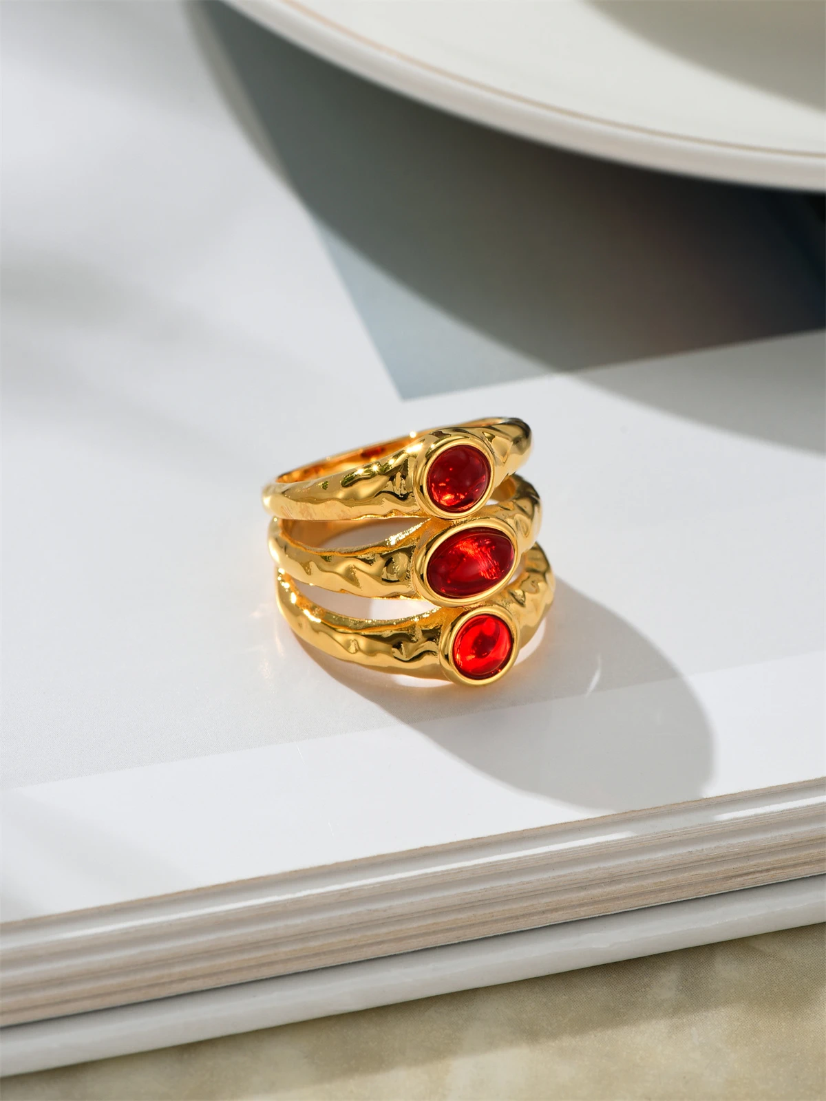 

Brass With 18K Stackable Red Stone Rings Women Jewelry Punk Designer Club Cocktail Party Boho Japan Korean