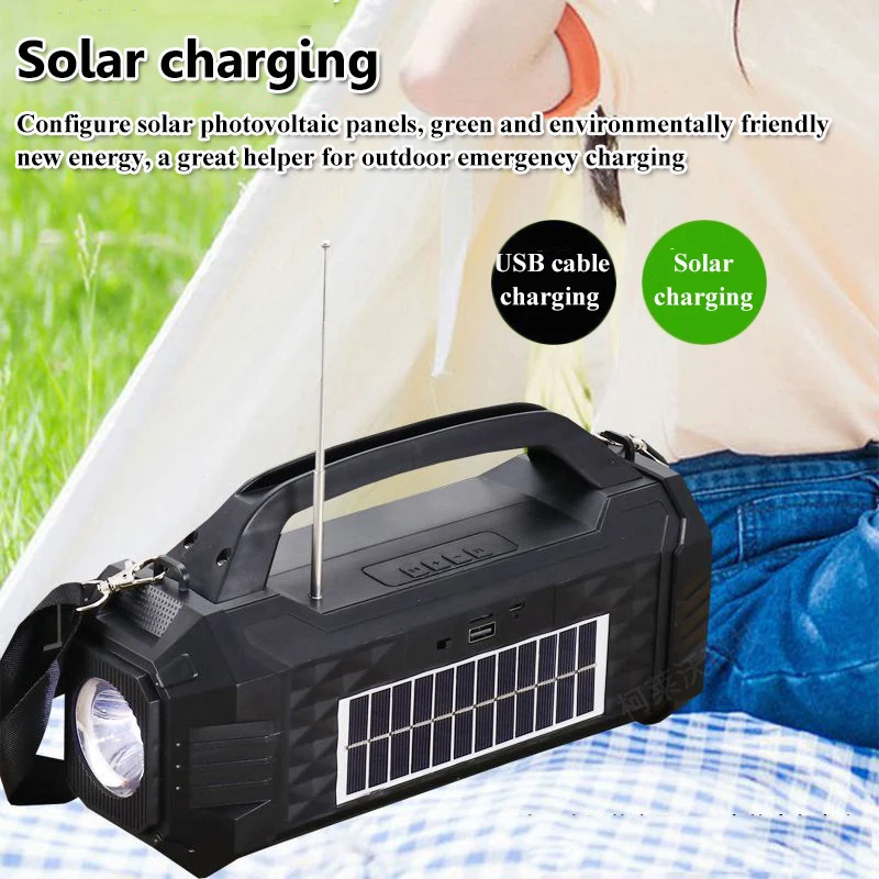 Radio de emergencia portátil con carga Solar, altavoz estéreo con Bluetooth, Supergraves, TWS, linterna, compatible con tarjeta TF, disco U, 10W