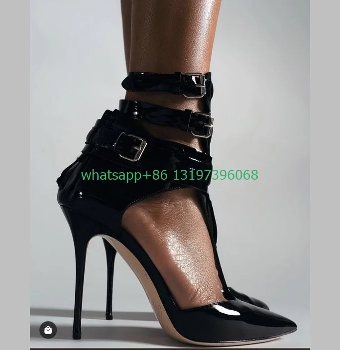 

Lady black patent ankle T strap high heels pointed toe nude color PU cover heel sexy boots size 35-46 party stiletto heel pumps