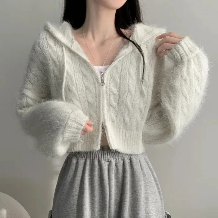

Шикарный ранний весенний мягкий вязаный свитер на молнии с капюшоном, пальто, женский винтажный топ из искусственного меха, теплая повседневная верхняя одежда