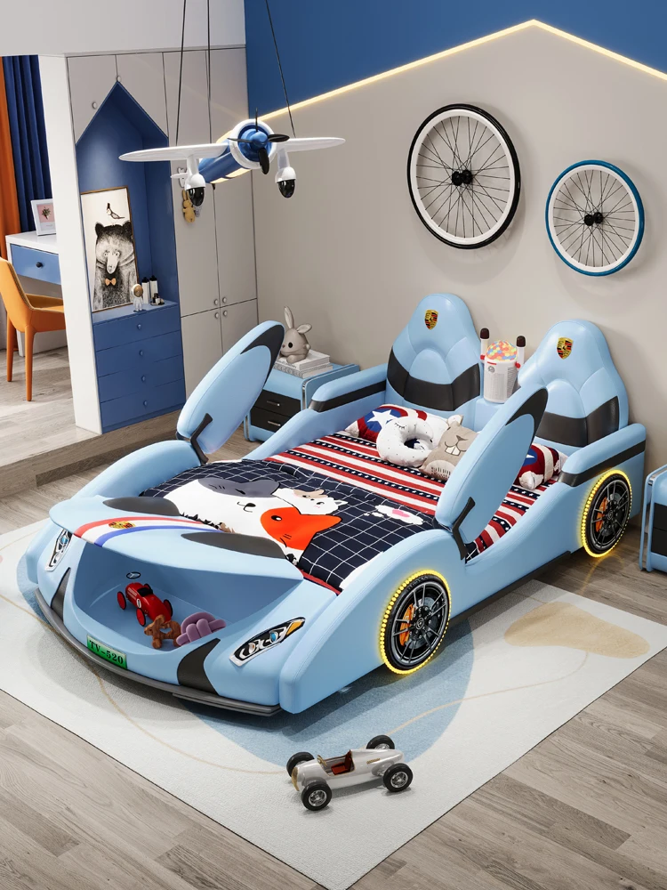 Children and boys multi-purpose sports car leather bed