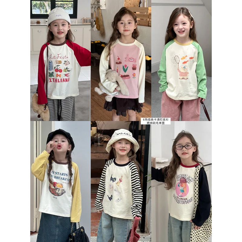 

2024New Children's Autumn Clothing Long SleeveTShirt Top for Girls Baby230Ke Cartoon Raglan Bottoming Shirt