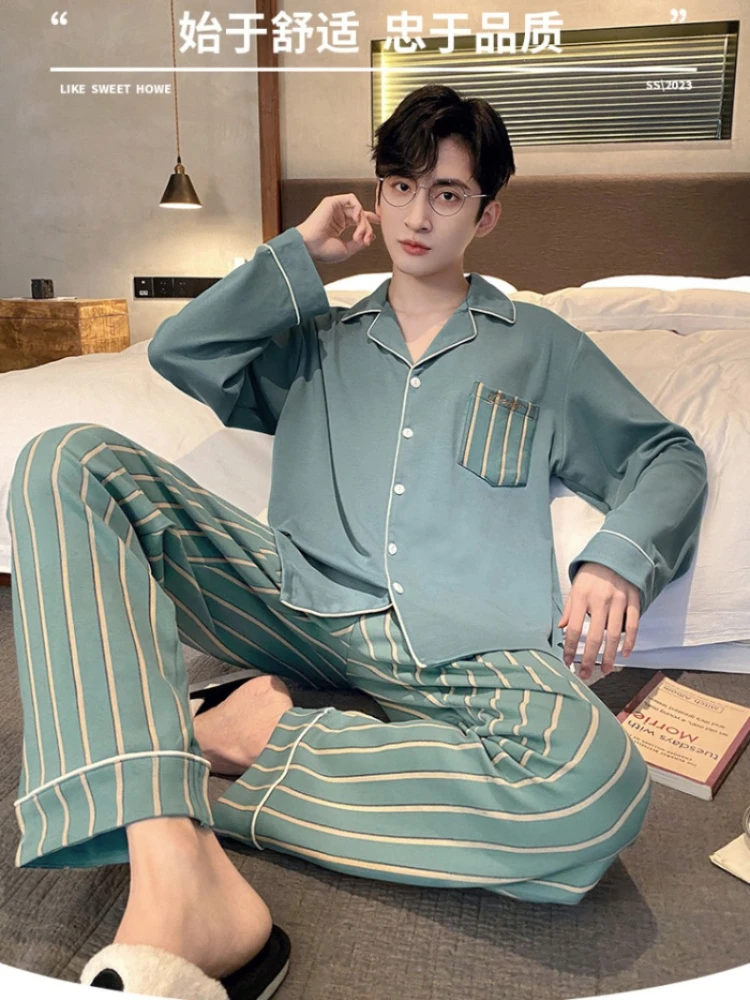 

3xl Plus Size Cotton Pyjamas Men's Spring Autumn Long-Sleeved Outside Wear Cardigan Trousers Homewear Plaid Sleepwear 2PCS/Set