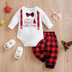 Spring And Autumn Boys And Girls Set Christmas Style Handsome Korean Baby Long Sleeve Bodysuit+Two Piece Pants