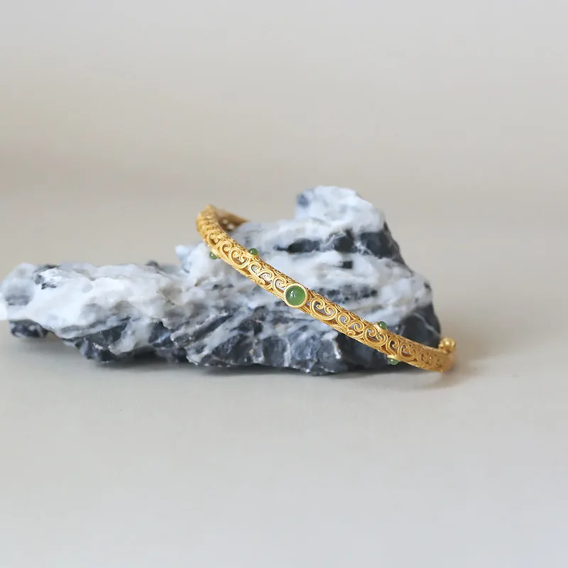Sterling silver 925 hollow auspicious cloud ingot pattern jasper inlaid gold-plated snap bracelet bracelet Chinese style