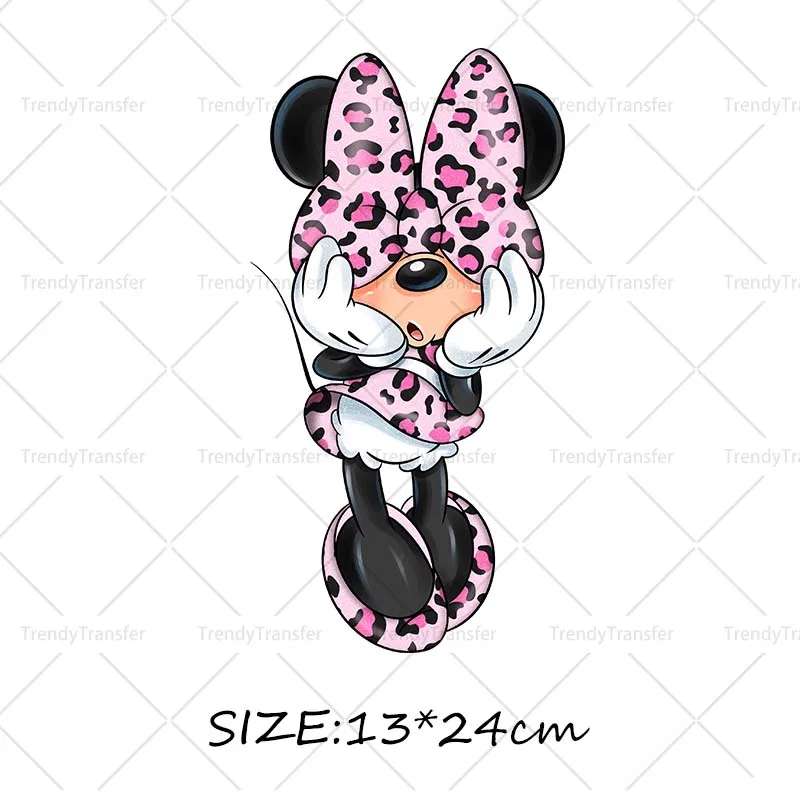 Roze Luipaard Minnie Mouse Karakter Opstrijkpatronen DTF Prints Warmtepersstickers voor kleding Strijkstickers