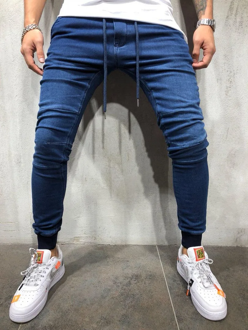 Calças masculinas com renda e design simples jeans casual calças finas masculinas plus size lápis denim magro para homem