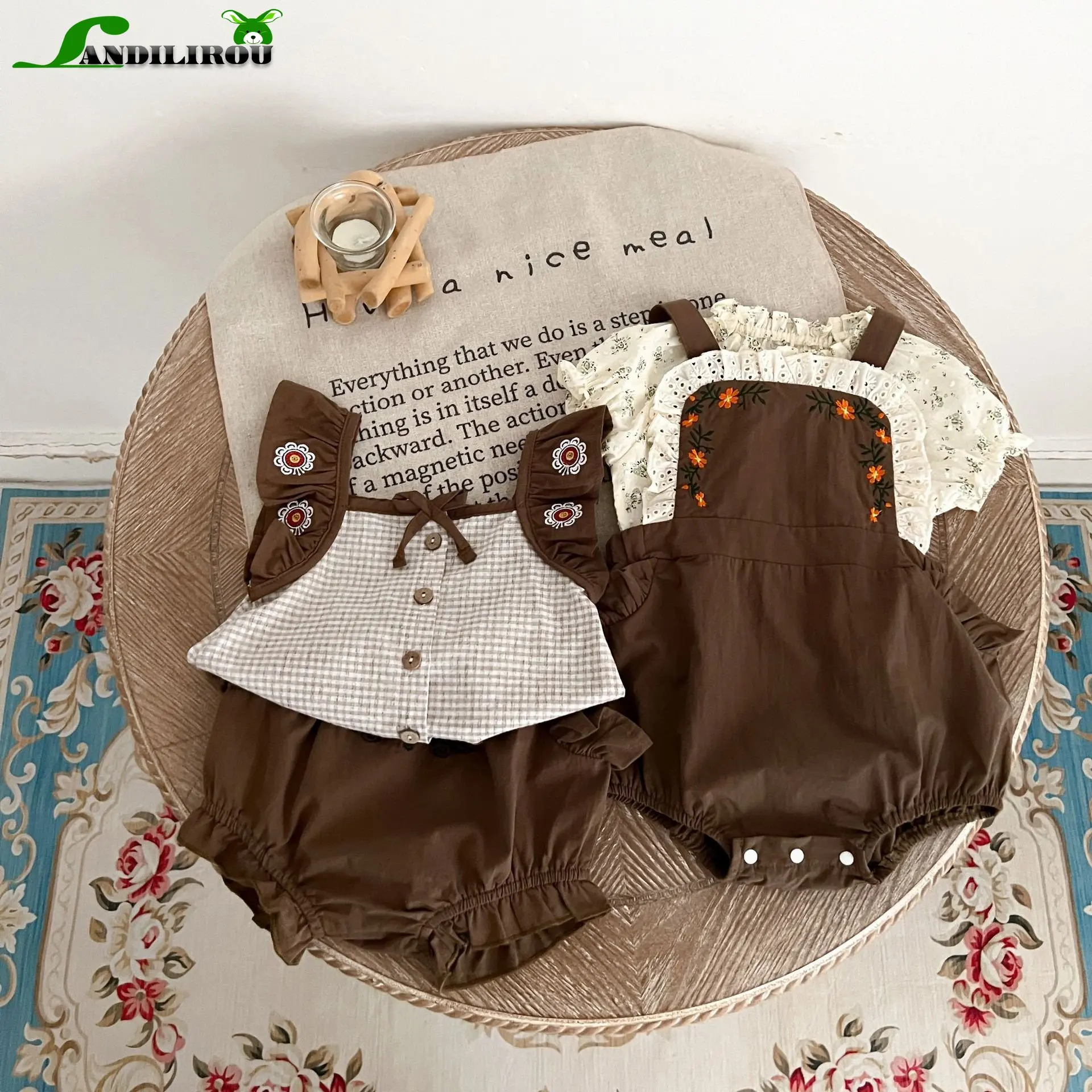 

Summer Caramel Series New In Infant Kids Sling Ruched Embroidery Outwear Newborn Baby Cotton Jumpsuits Toddler Bodysuit 유아복