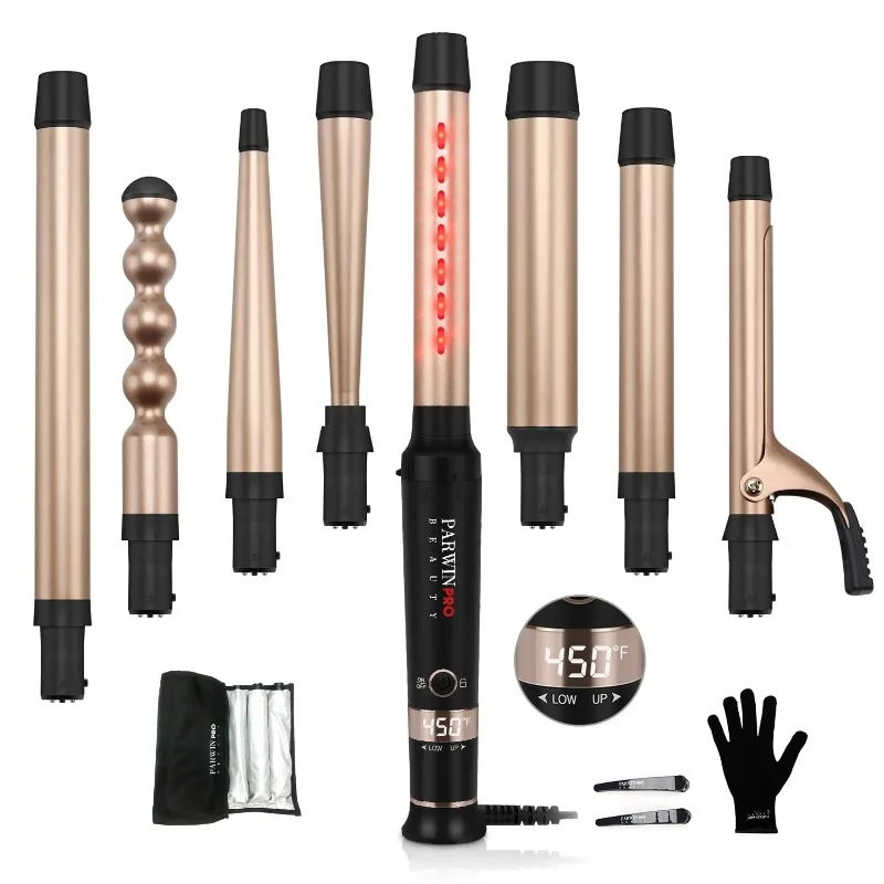 

Infrared Interchangeable 8 in 1 Curling Iron Set, Hair Curler Wand for Long Hair,LED Temperature Control,Glove and 2 Hair Clips
