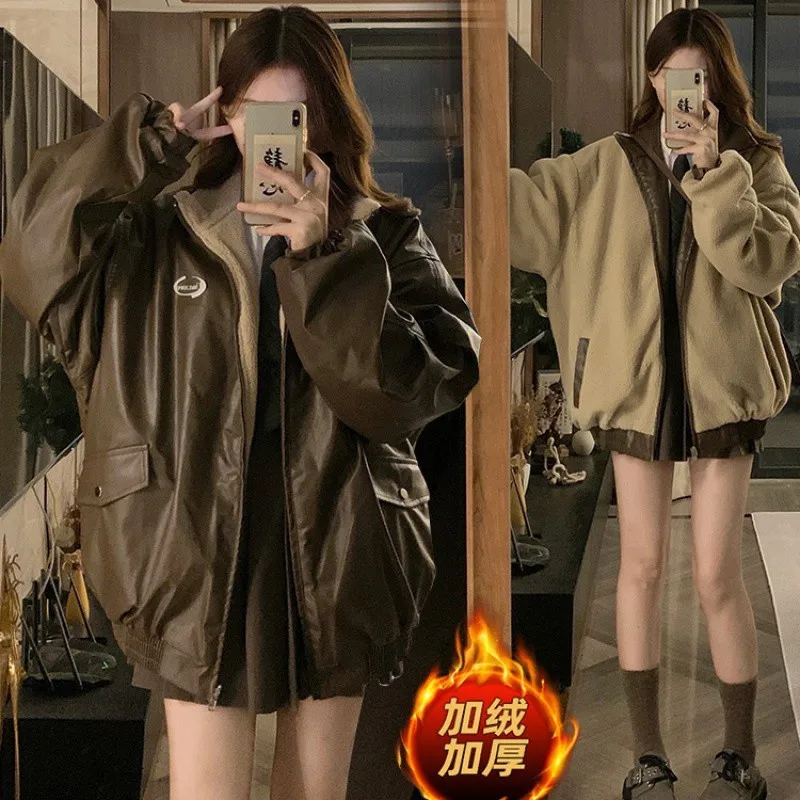 Fashion Leather Jacket Women Wear on Both Sides Lamb Fleece Coat Thickened  Windproof Cuff Warm Stand Collar Winter Cotton Coat