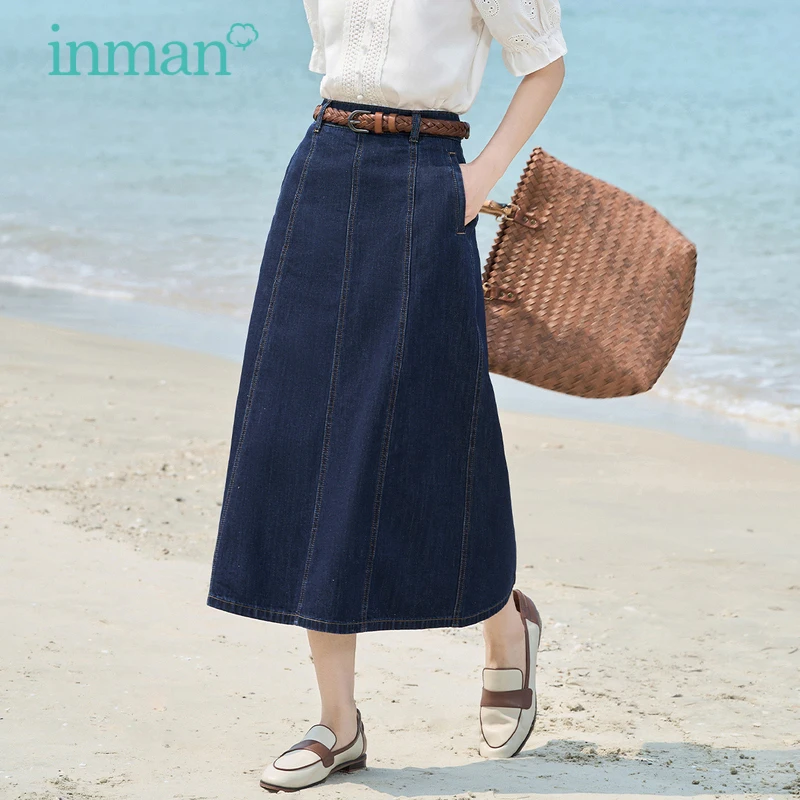 

INMAN Women Denim Skirt 2023 Summer High Waisted A-shaped Loose Line Decoration Fashion Casual All-match Dark Blue Long Skirt