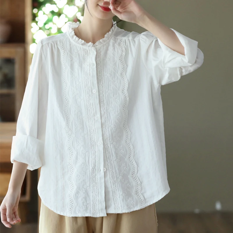 

Spring Autumn Artistic Embroidered Sweet Lace Trim Blouse Women Clothing Long Sleeved Female Cotton Shirts & Blouses Blusas U039