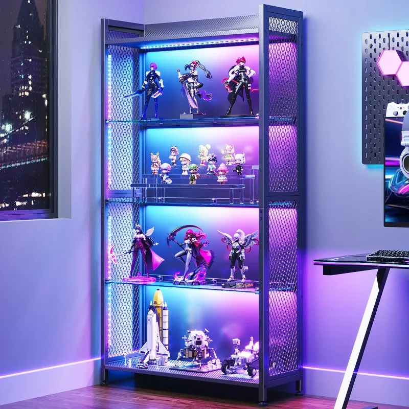 Display Case with Glass Shelves, RGB Light 4-Tier Display Cabinet