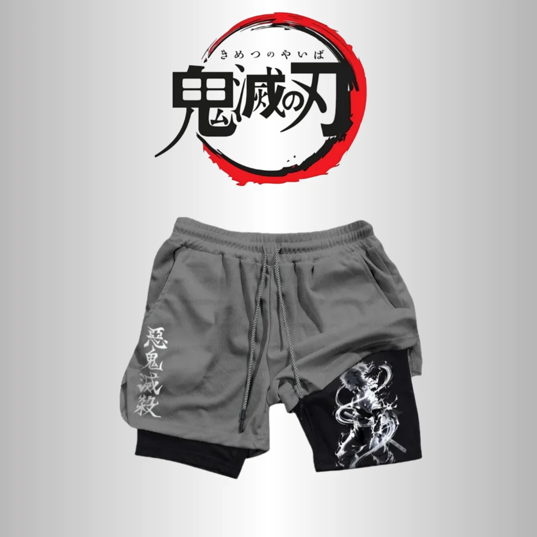 

Summer 2025 Gray Kimetsu No Yaiba Demon Slayer Mens 2in1 Athletic Shorts Quick Dry Double Layer with Inner Pockets Design Y2k