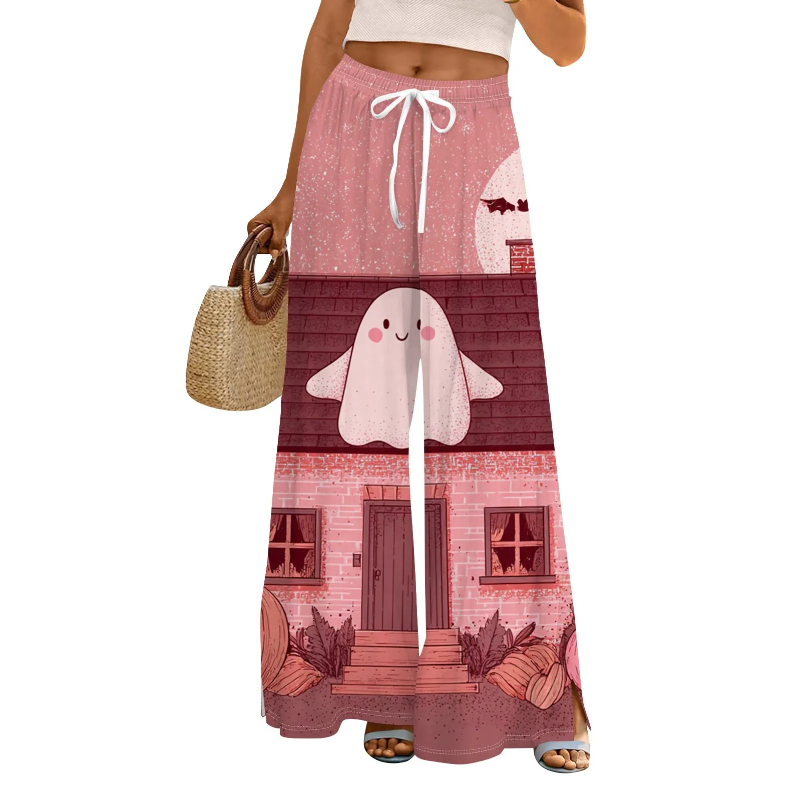 

Ladies Casual Pajamas Fashion Halloween Print Home Casual Pants High Waist Straight Trousers Spring Summer Loose Wide-leg Pants