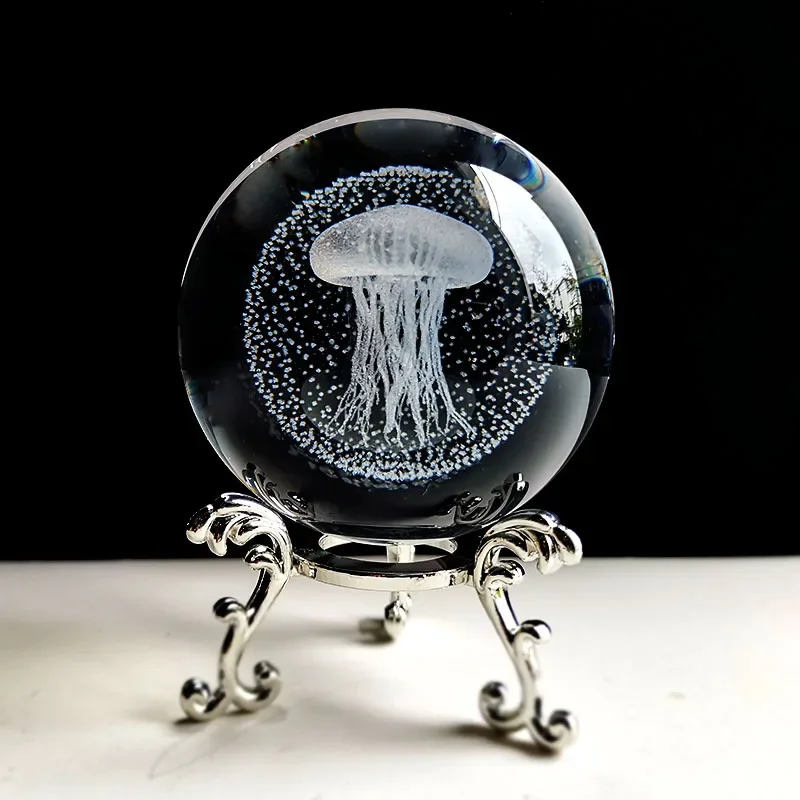 Crystal Ball Ornament Glass 3D Laser Engraved Sphere Base Figurine Jellyfish Whale Dolphin Child Gift Home Decor Paperweight