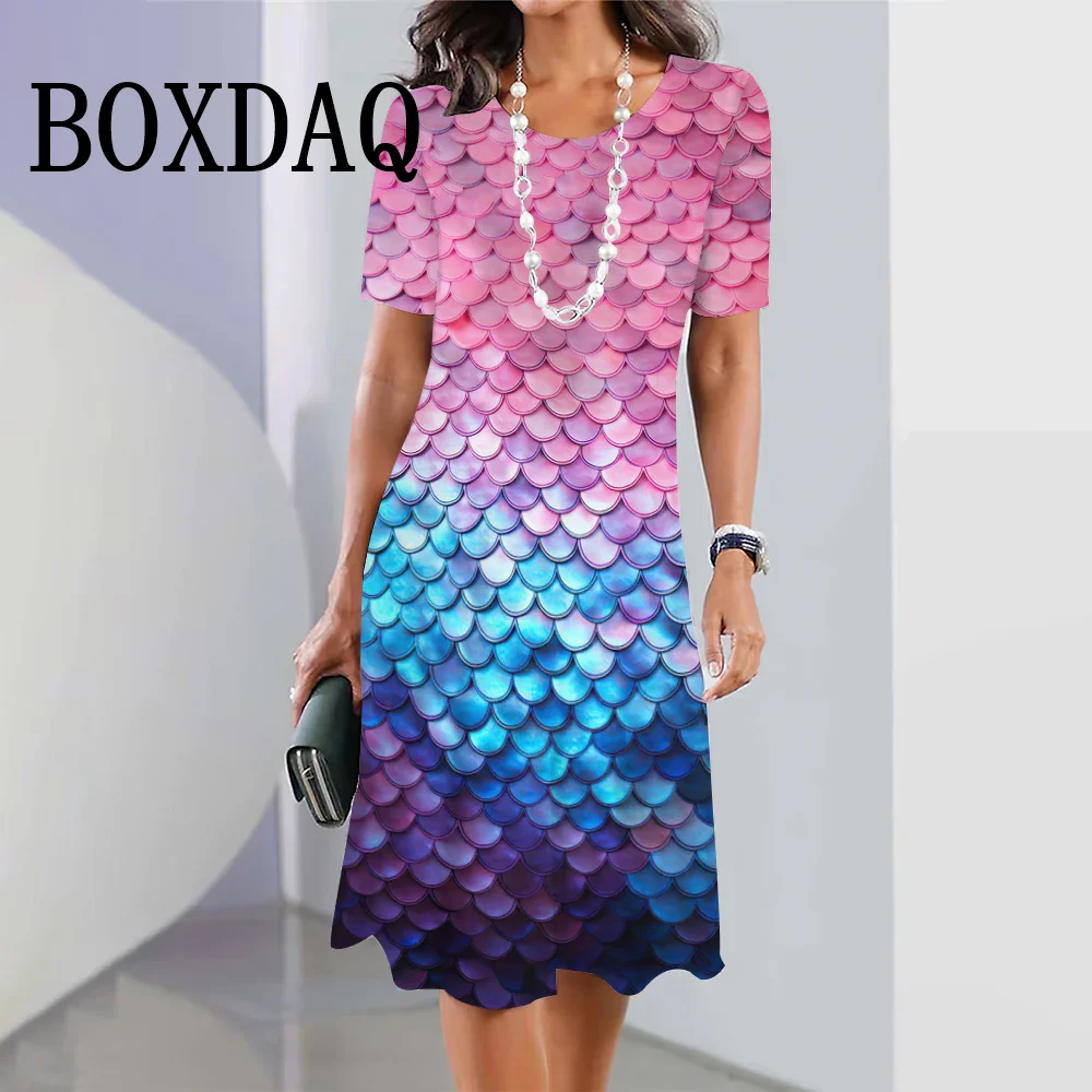 Colorful Fish Scale Shape Print Women's Dresses Design Plus Size Elegant Short Sleeve Mini Dresses Female Dress Women Clothing