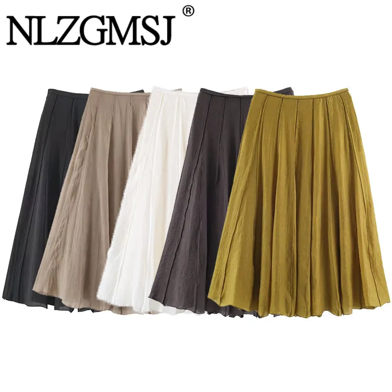 Nlzgmsj 2026 Women Vintage High Waist Splicing Design  Midi Skirt Flowy A Line Swing Skirt Casual Loose Mid Length Skirt