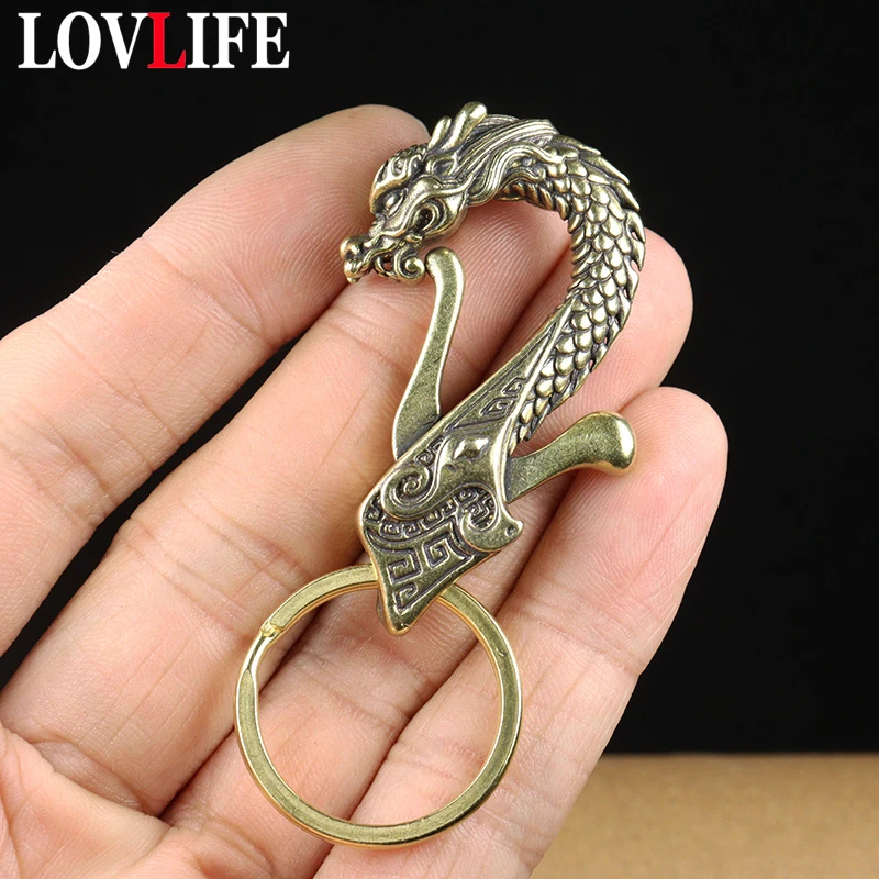 Vintage Brass Zodiac Dragon Head Keychain Antique Copper Dragon Carabiners Key Chains Men Waist Buckle Car Keys Holder Gifts