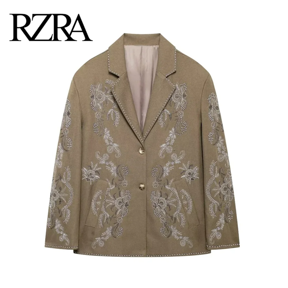 RZRA2024 autumn and winter new women's clothing temperament lapel contrast color embroidery decoration loose suit jacket